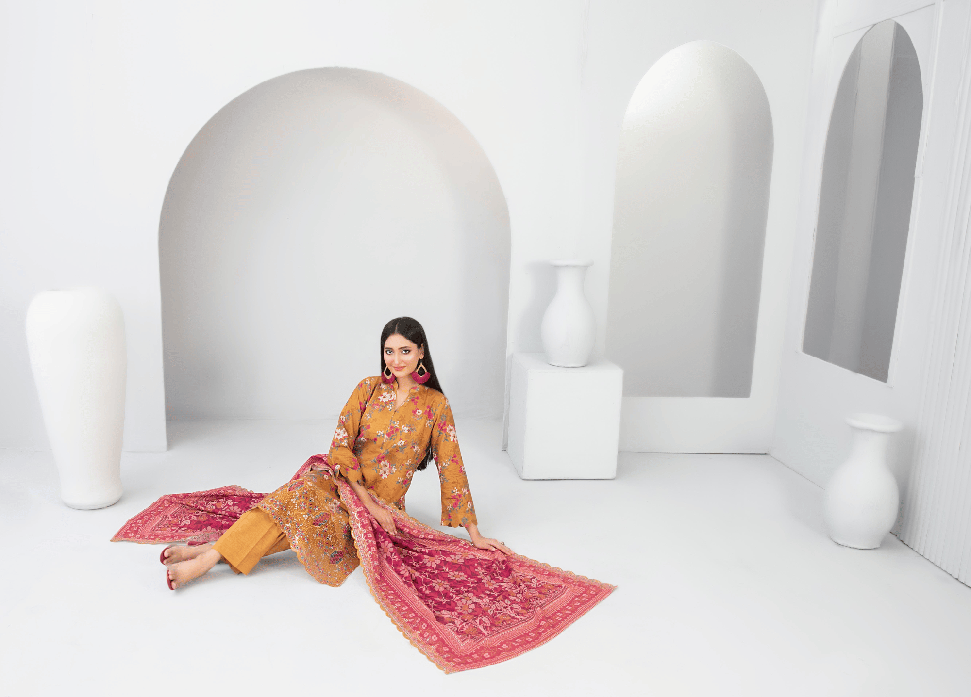 Mustard Floral Embroidered Khaddar 3 Piece Suit - Winter Collection