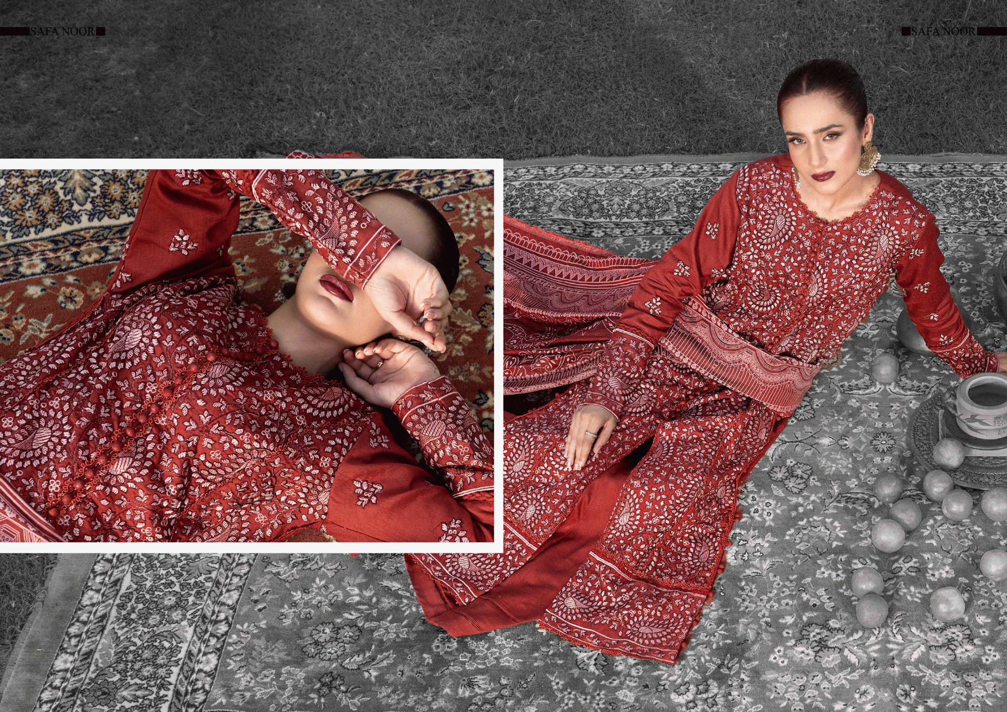 Crimson Embroidered 3-Piece Winter Suit – Warm Slub Textured Shirt & Trouser with Premium Jacquard Shawl