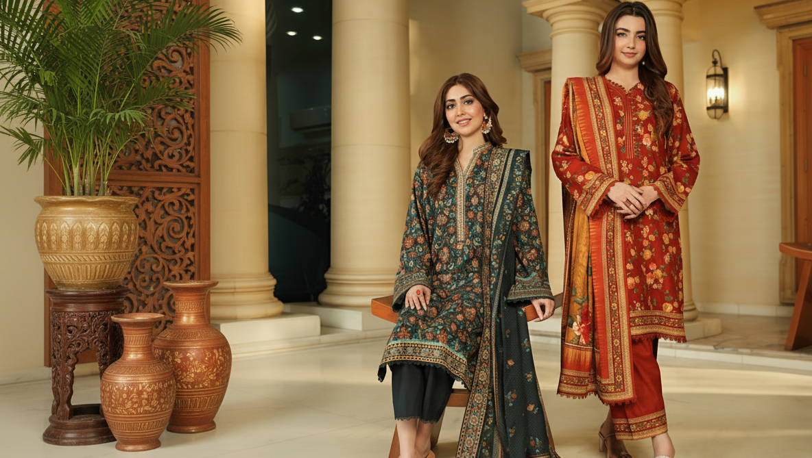 Two women in traditional outfits standing in a decorated indoor setting with plants and vases.