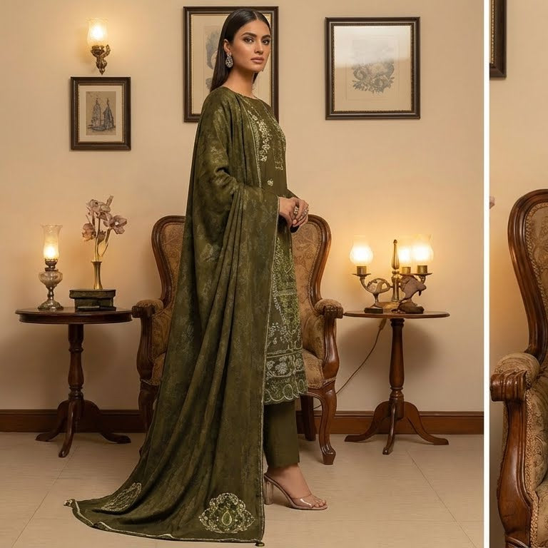 Woman in a green embroidered outfit standing in an elegant room with candles and framed pictures.