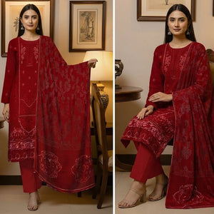 Three images of a woman wearing a red traditional outfit with intricate patterns.