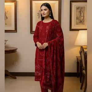 Woman in a red traditional outfit standing in a room with framed pictures on the wall.