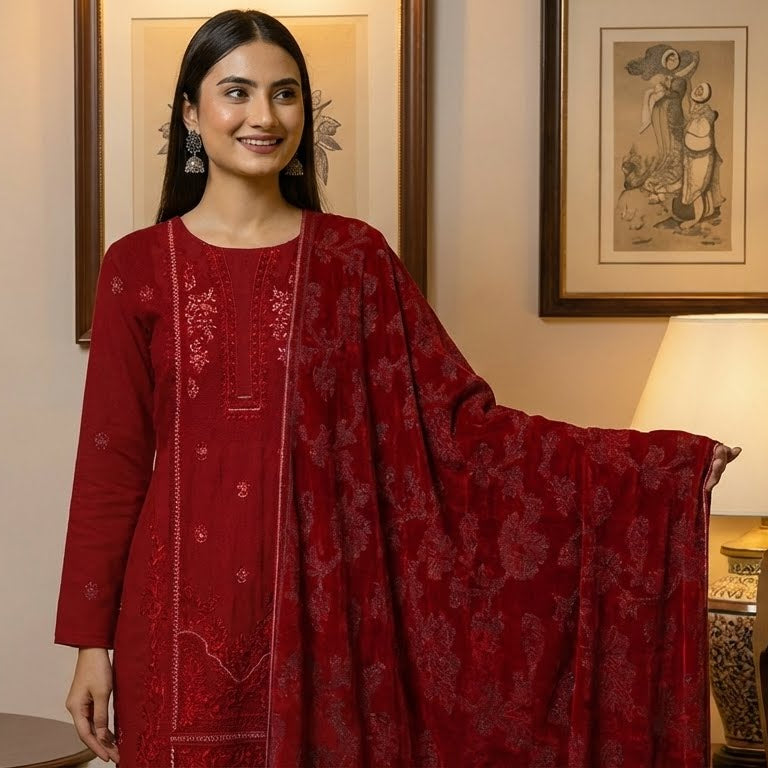 Woman in a red traditional outfit standing in a room with a lamp and framed picture on the wall.