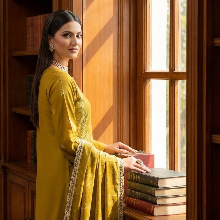 Woman in a yellow traditional outfit standing in a room with wooden bookshelves and a large window.