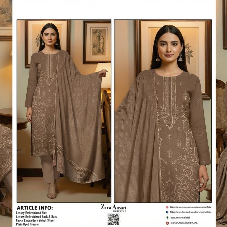 Woman modeling a brown embroidered outfit in a room setting.