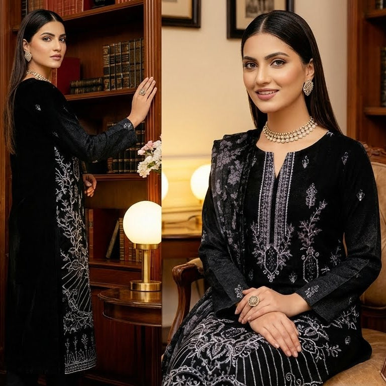 Woman in a black and gray traditional outfit sitting in a room with bookshelves and a lamp.