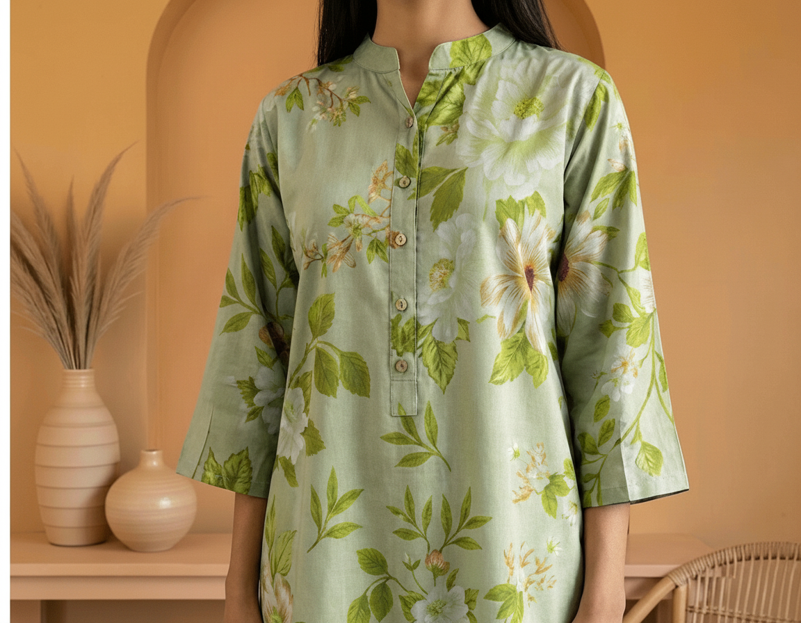 Woman wearing a green floral blouse against an orange wall with decorative vases.