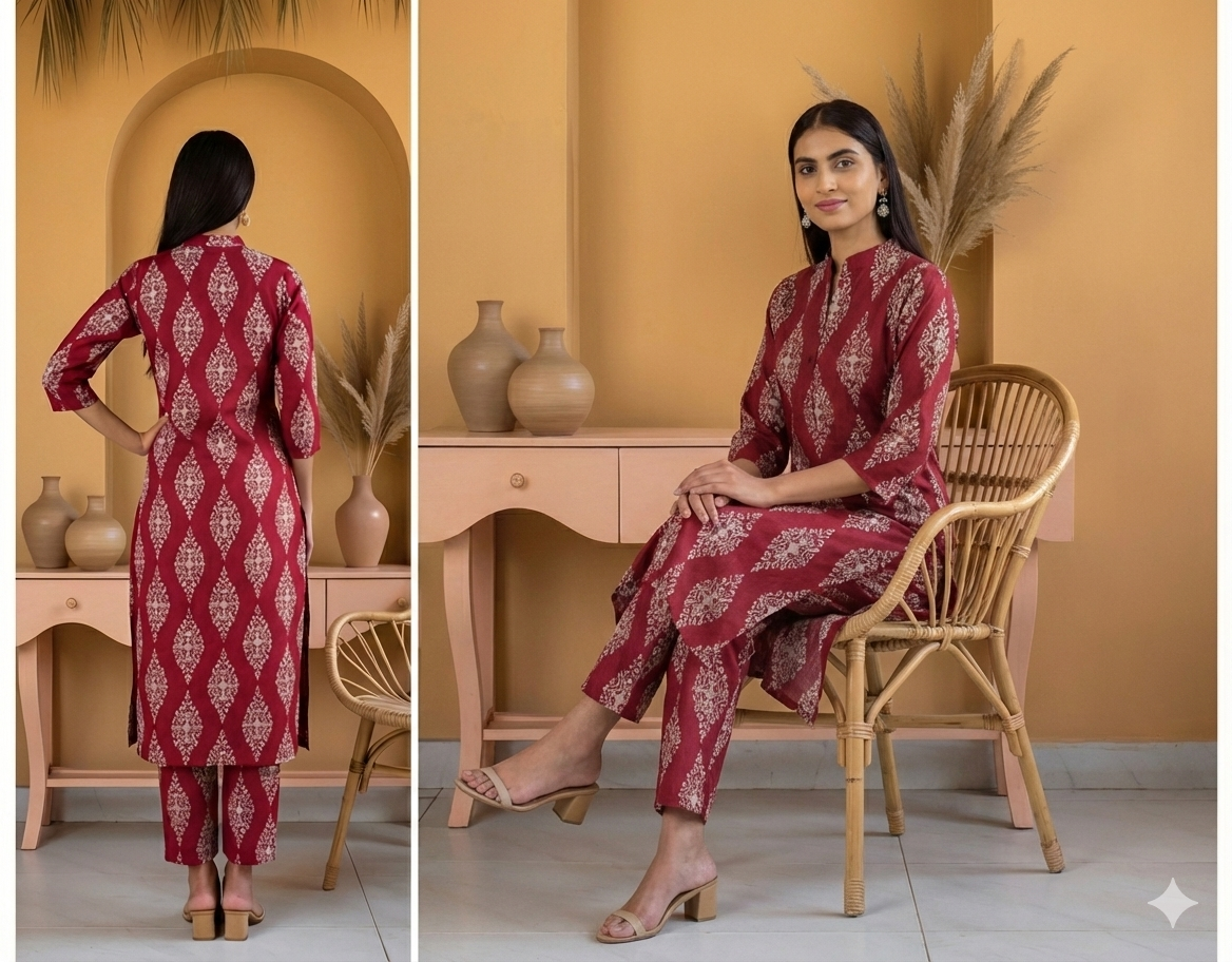 Woman in a red patterned outfit sitting on a chair in a room with a yellow wall.
