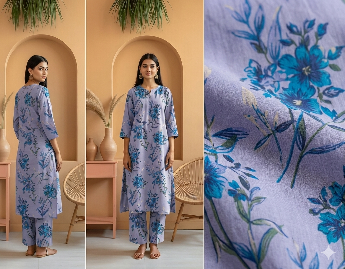 Lilac Blue Floral Printed Khaddar 2-Piece Suit - Unstitched