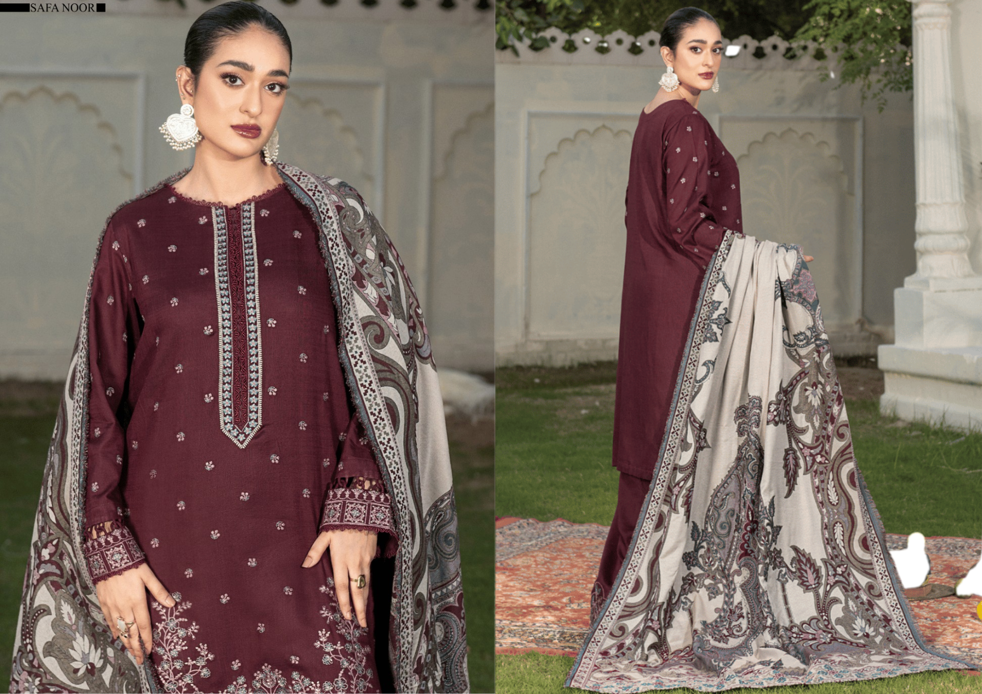 Deep Maroon Embroidered Warm Slub 3 Piece Suit with Premium Jacquard Shawl – Winter Collection