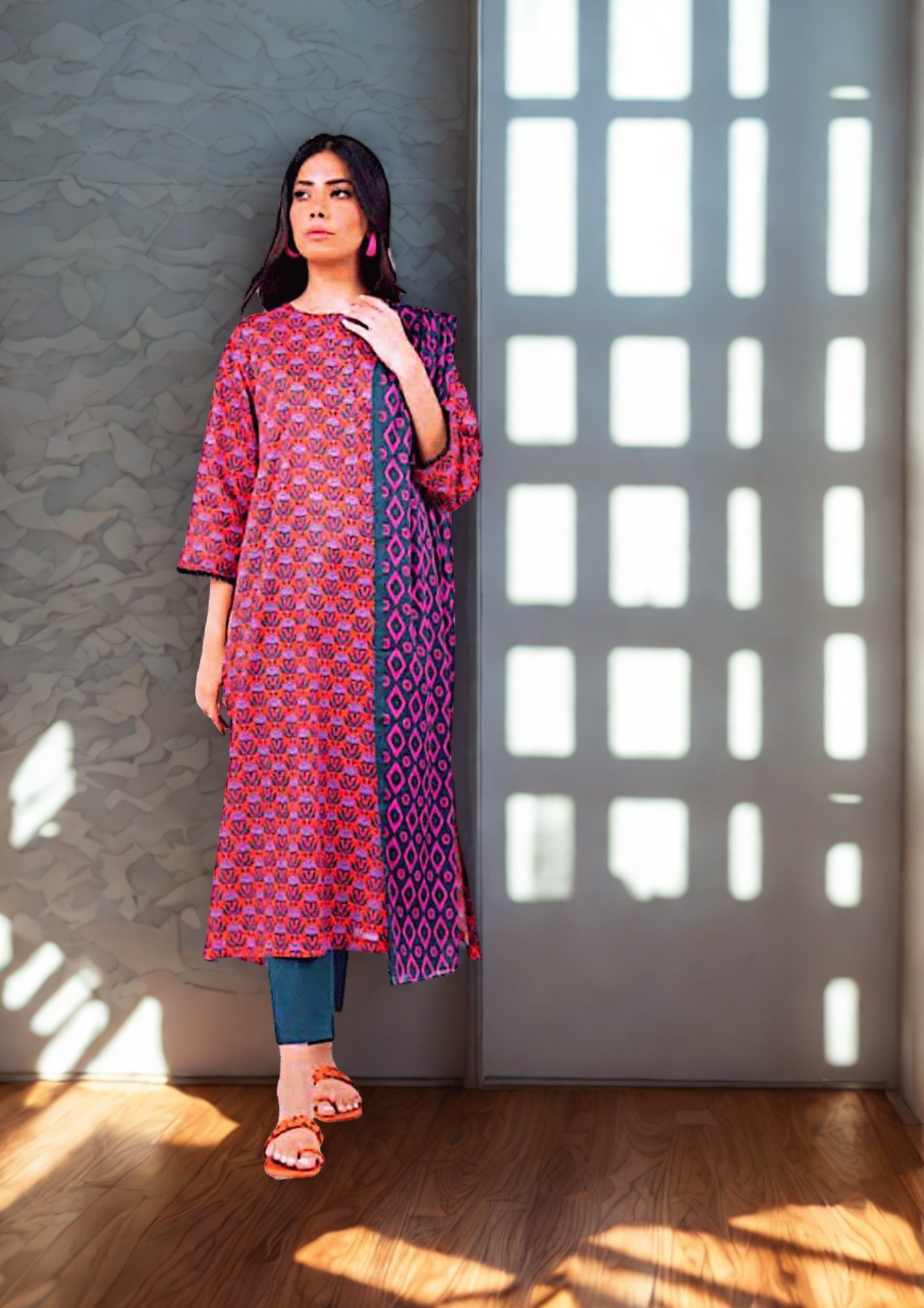 Suit - UnRed & Teal Printed Khaddar 3-Piecstitched