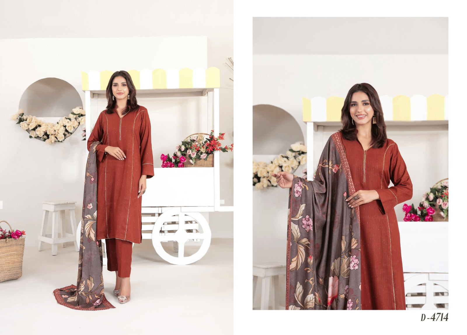 Premium Rust Fancy Leather Peach 3-Piece Suit with Floral Digital Shawl