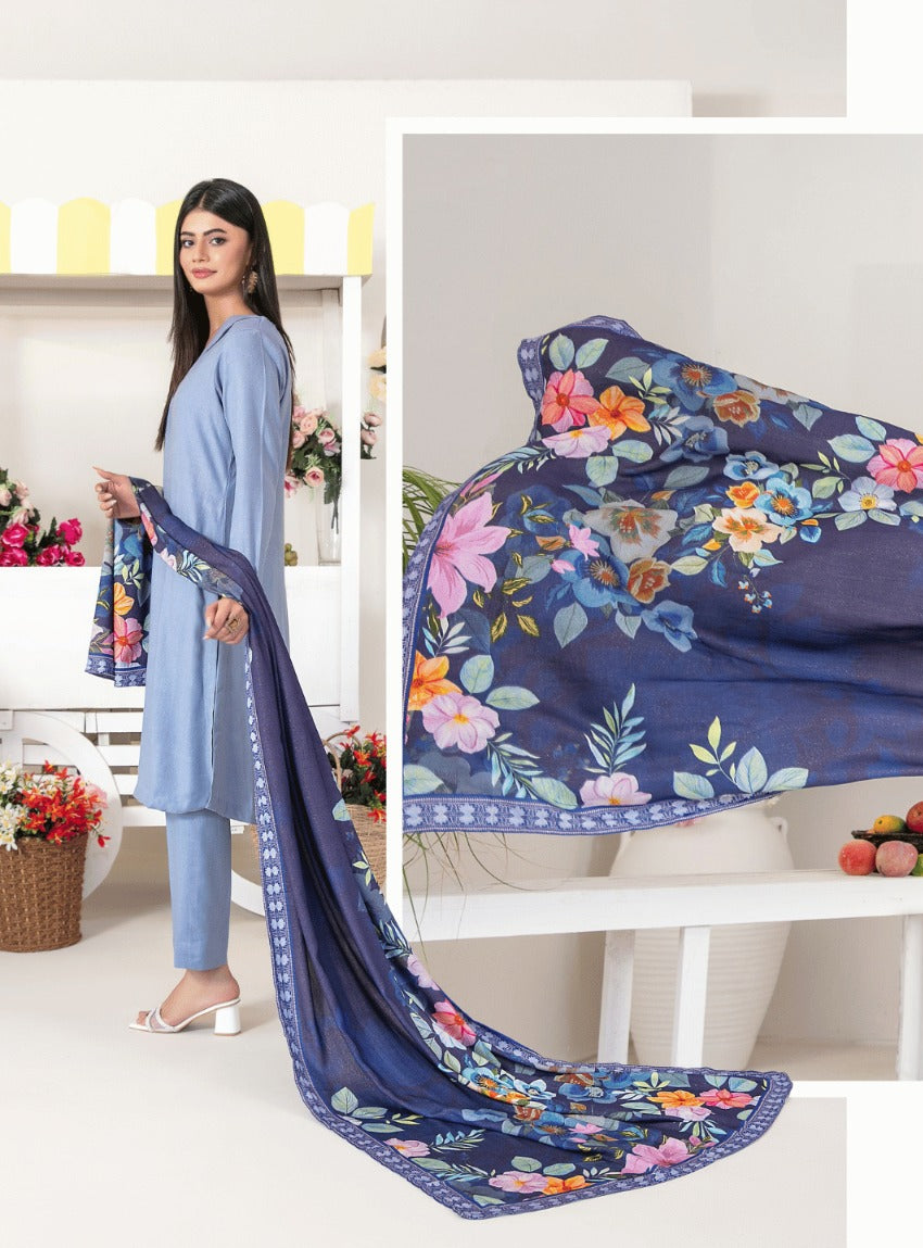 Premium Fancy Leather Peach 3-Piece Suit with Navy Floral Digital Shawl