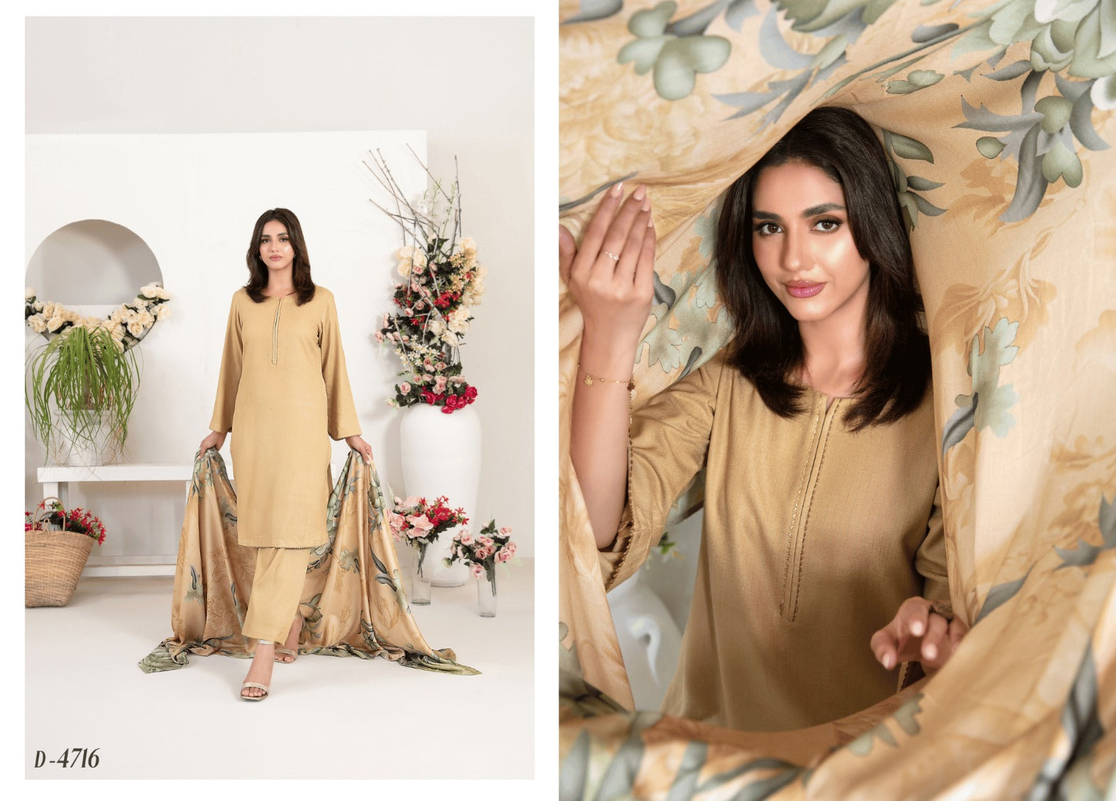 Premium Leather Peach 3-Piece Suit | Solid Beige with Digital Printed Floral Shawl |