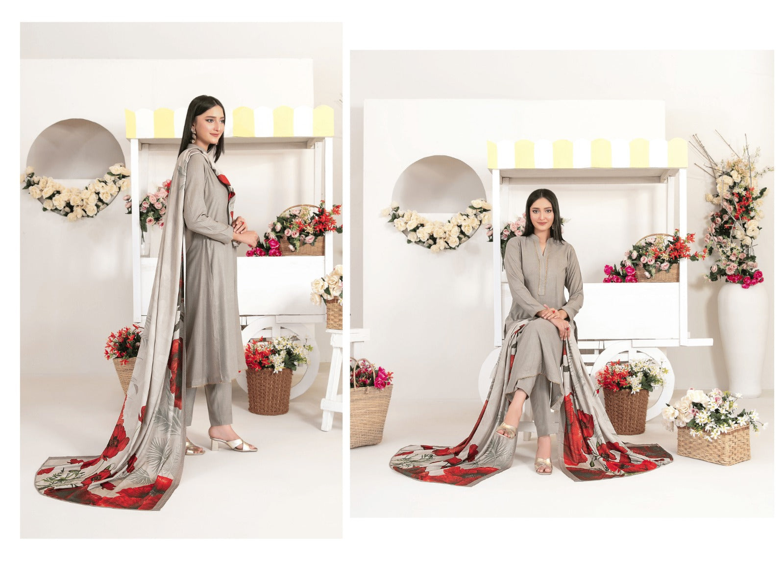 Premium Grey Leather Peach 3-Piece Suit | Bold Red Floral Digital Printed Shawl