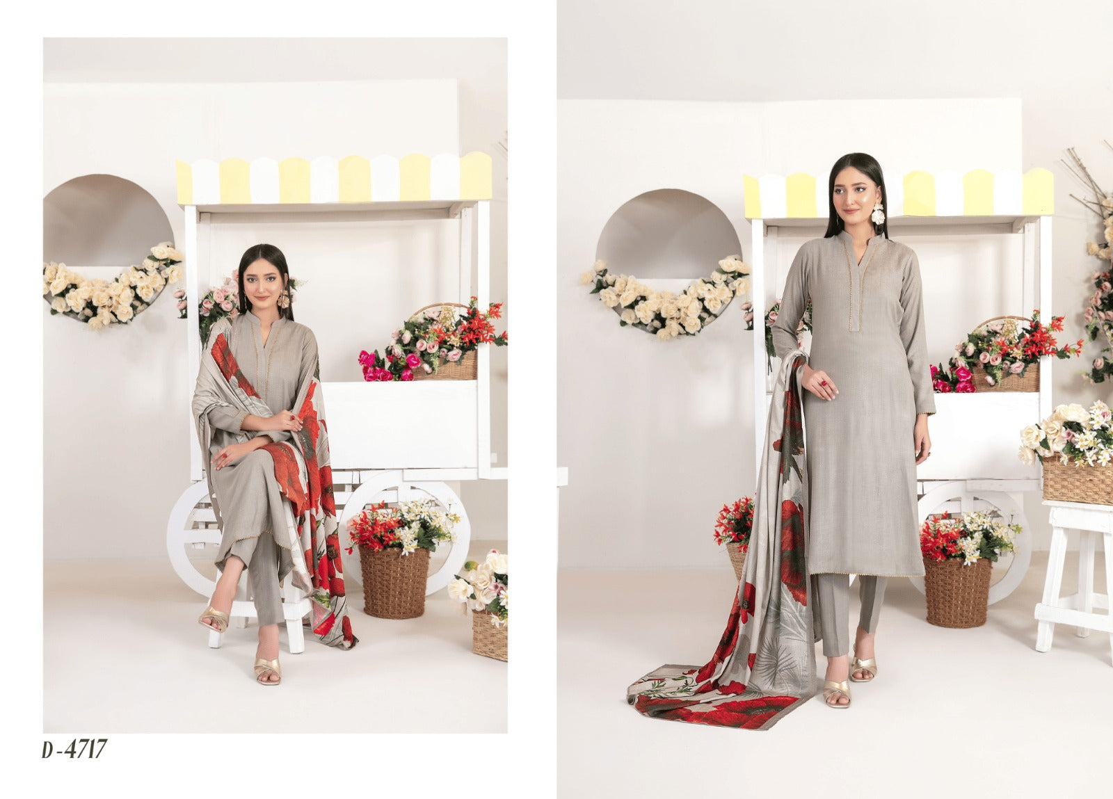 Premium Grey Leather Peach 3-Piece Suit | Bold Red Floral Digital Printed Shawl