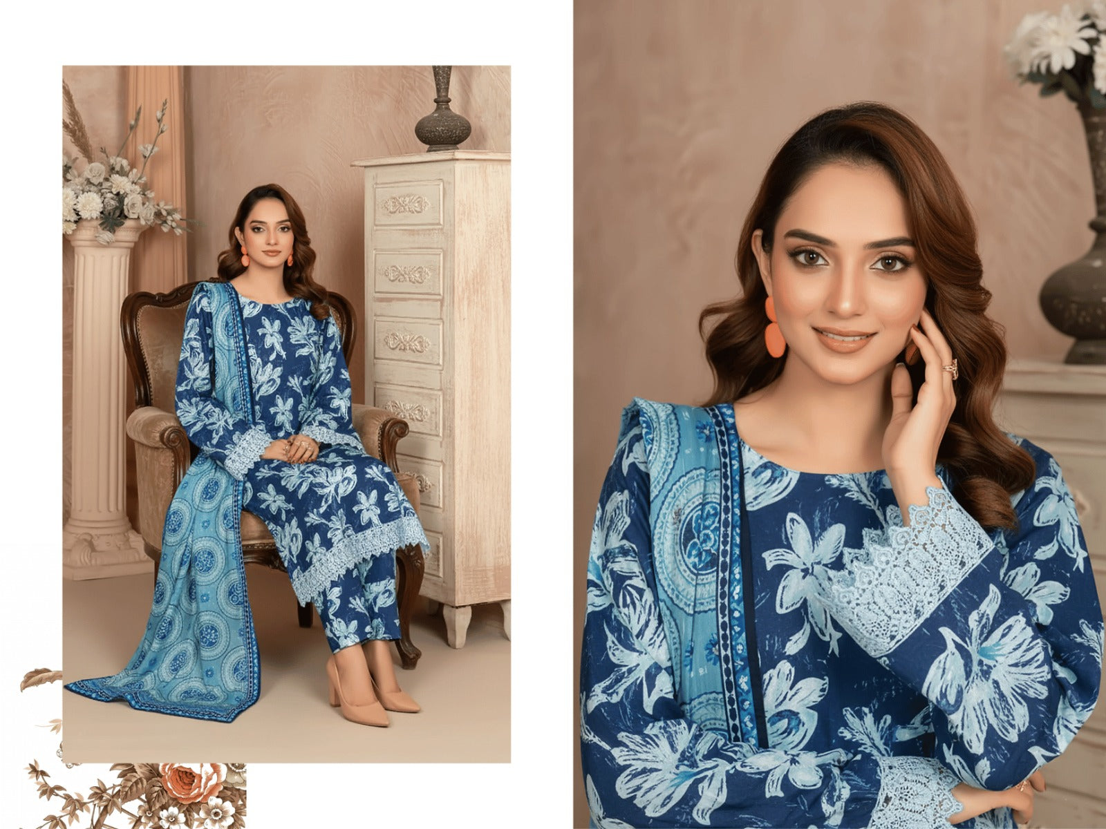 Indigo Floral 3-Piece Suit | Premium Vintage Rod Winter Fabric