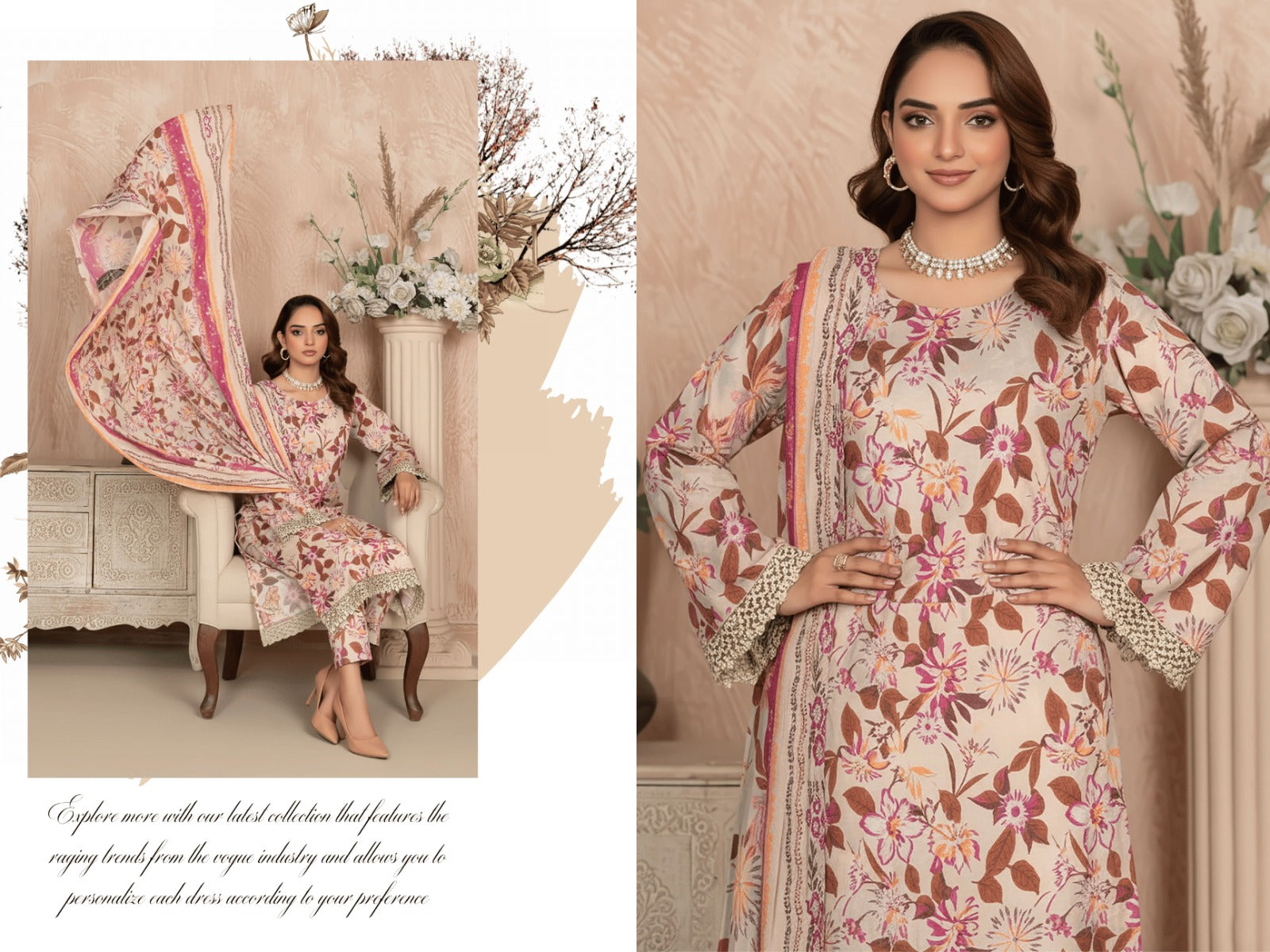 Beige & Rust Floral 3-Piece Suit | Premium Vintage Rod Winter Fabric