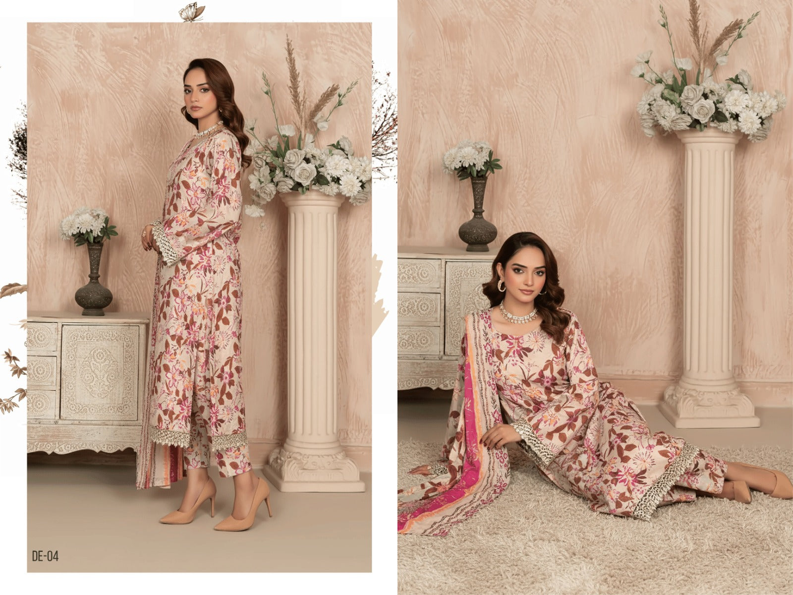 Beige & Rust Floral 3-Piece Suit | Premium Vintage Rod Winter Fabric