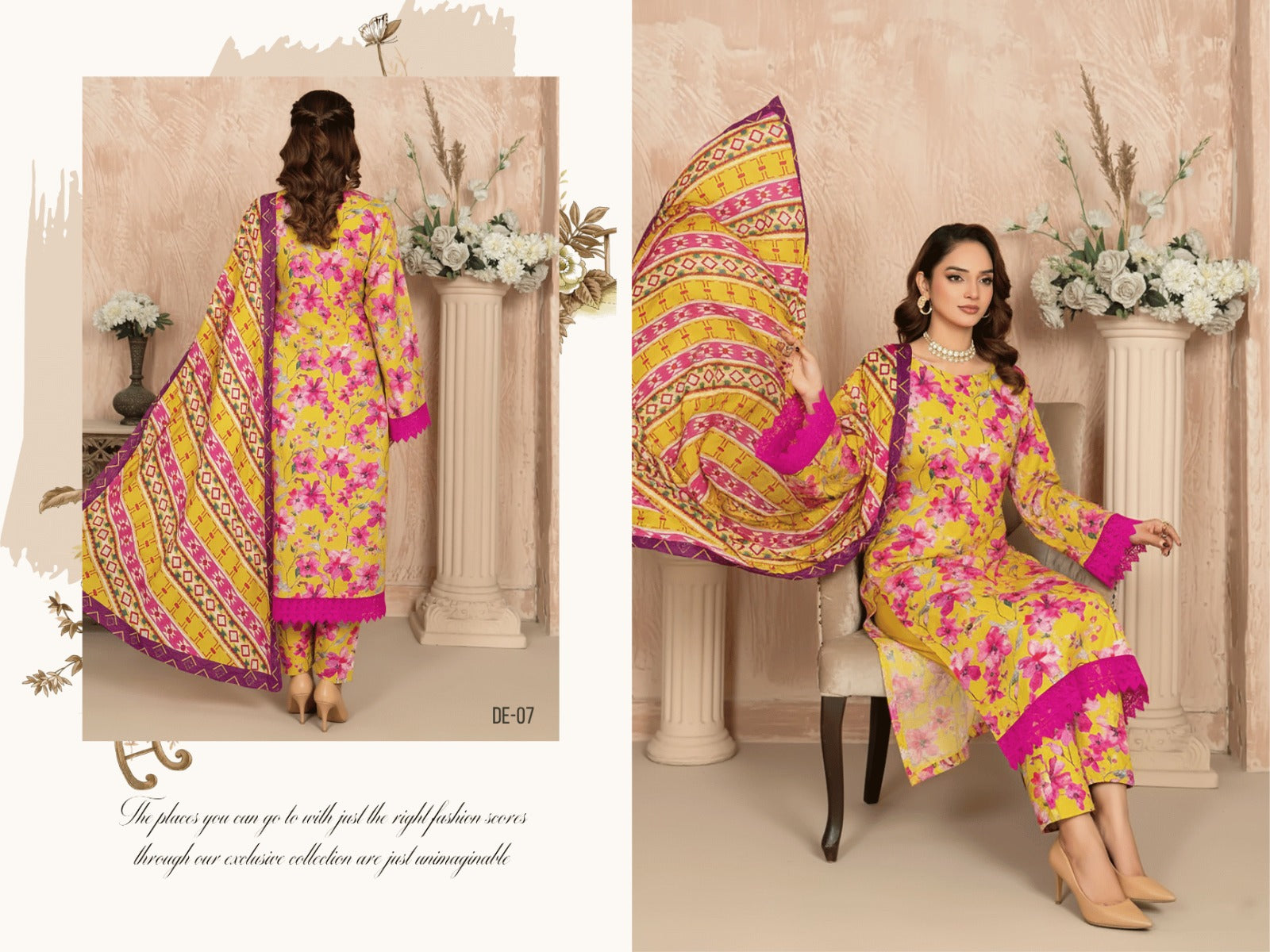 Yellow & Hot Pink Floral 3-Piece Suit | Premium Vintage Rod Winter Texture