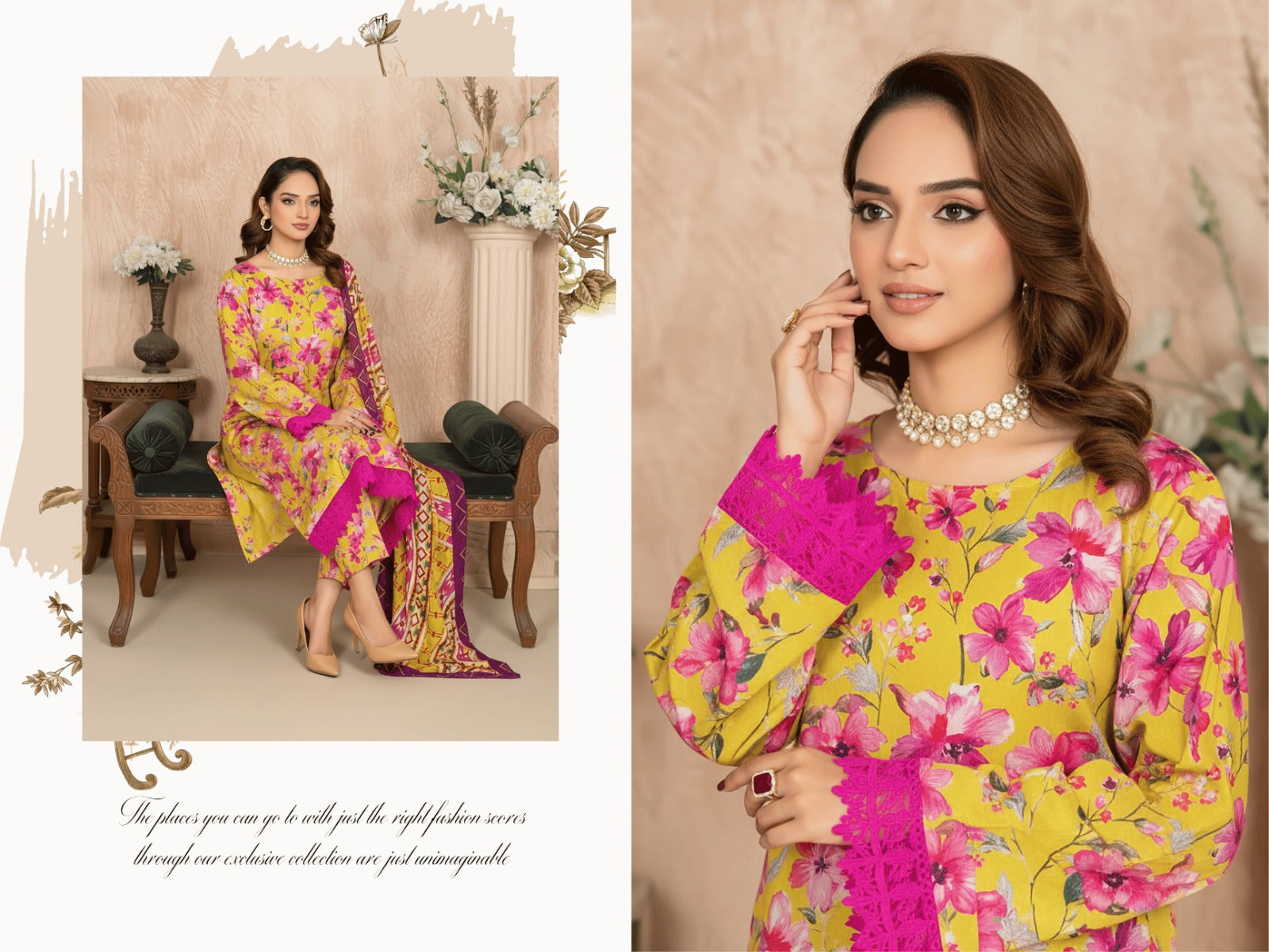 Yellow & Hot Pink Floral 3-Piece Suit | Premium Vintage Rod Winter Texture