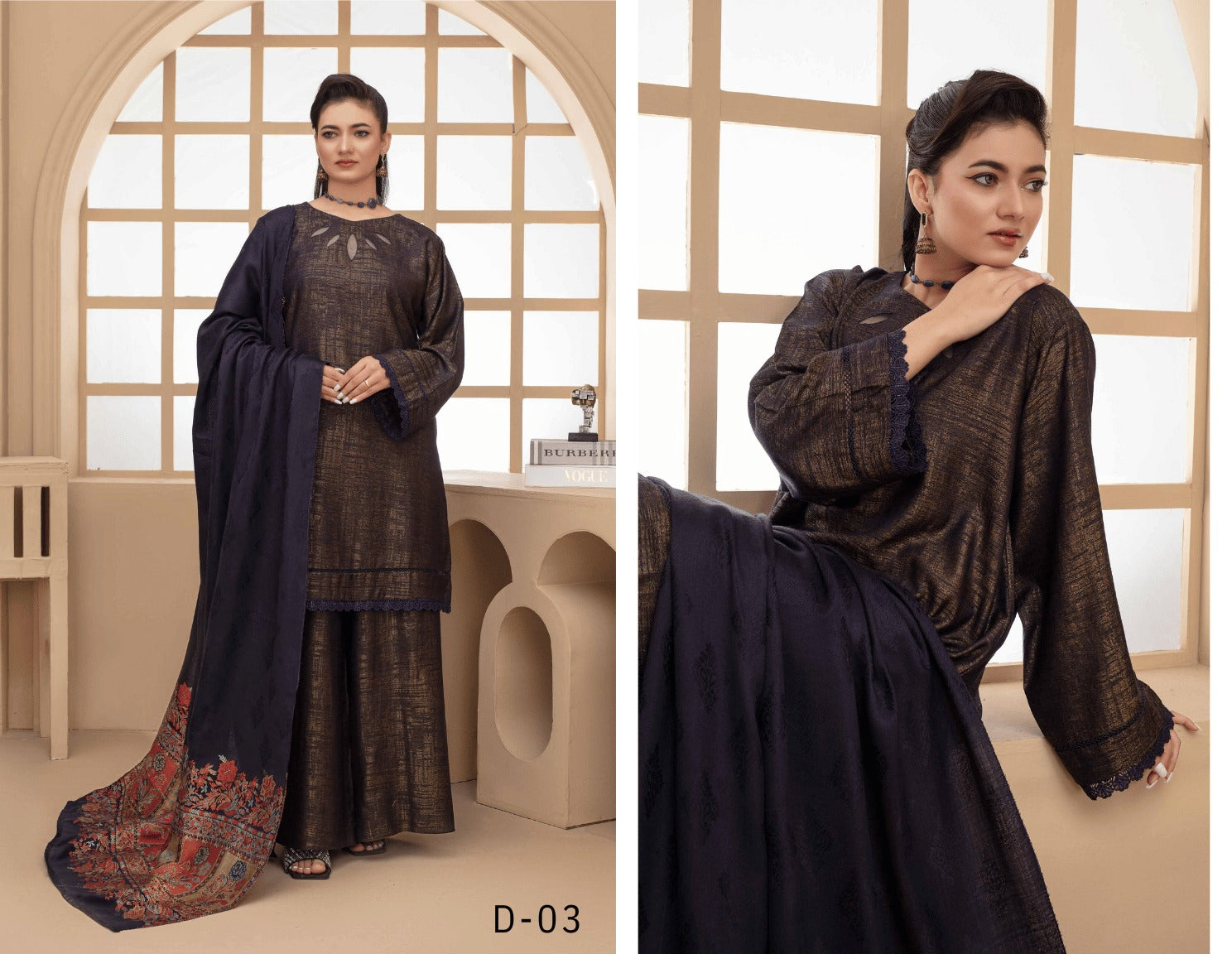 3-Piece Winter Jacquard Suit with Navy Contrast Shawl