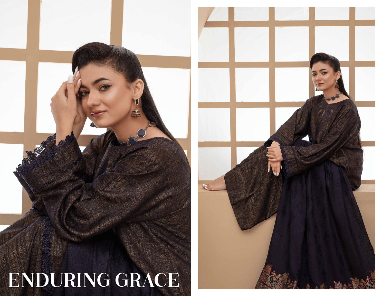 3-Piece Winter Jacquard Suit with Navy Contrast Shawl