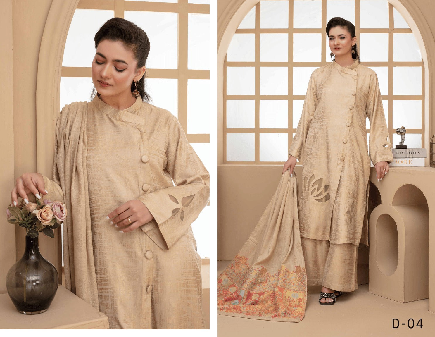 3-Piece Winter Jacquard Suit with Leaf Cutwork| Unstitched