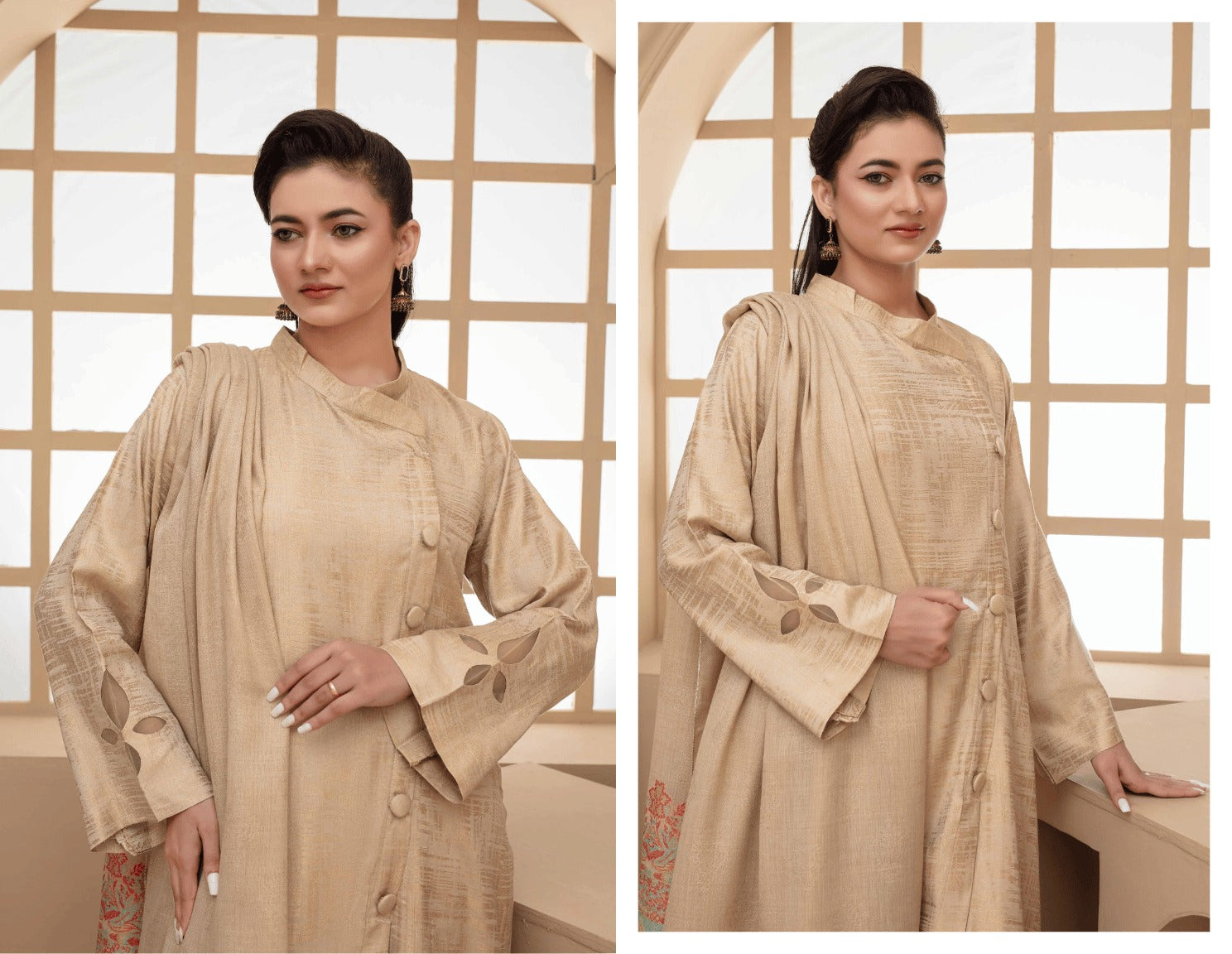 3-Piece Winter Jacquard Suit with Leaf Cutwork| Unstitched