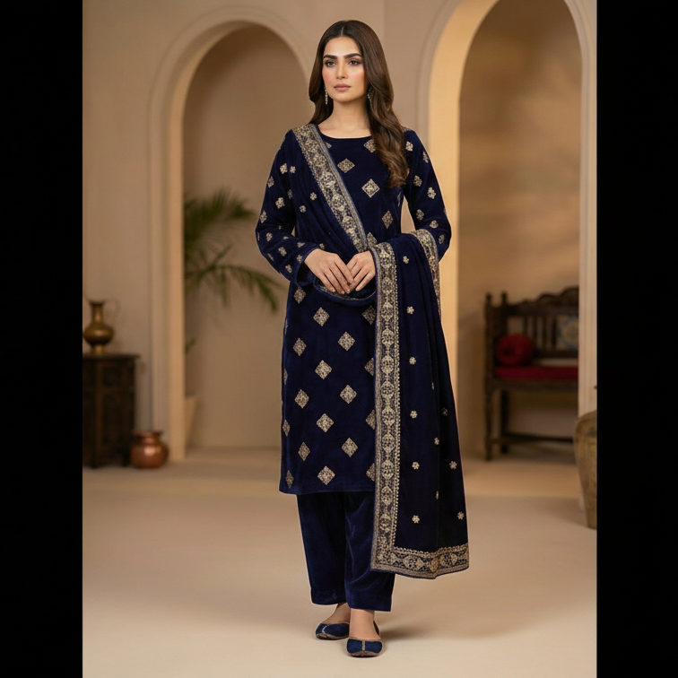 Woman wearing a navy blue embroidered traditional outfit in an indoor setting.