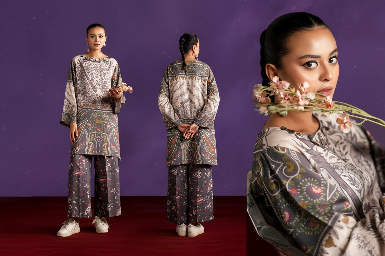 Woman wearing a patterned outfit with a purple background