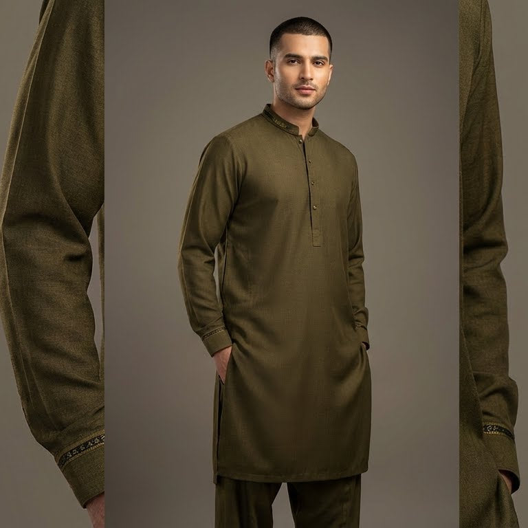 Man wearing an olive green traditional outfit against a gray background