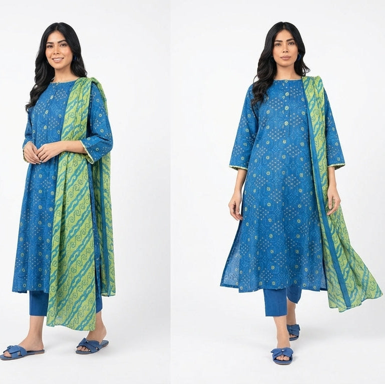 Woman wearing a blue and green traditional outfit with a matching dupatta on a white background