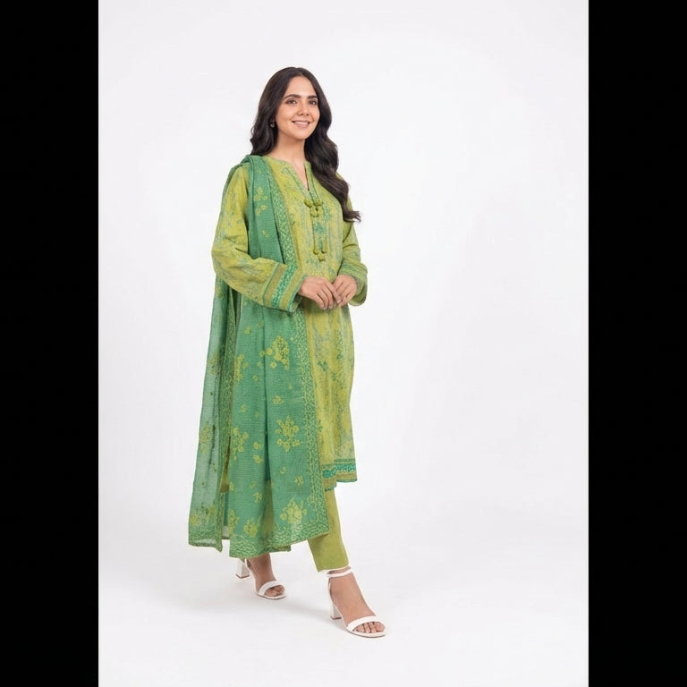Woman wearing a green traditional outfit on a white background