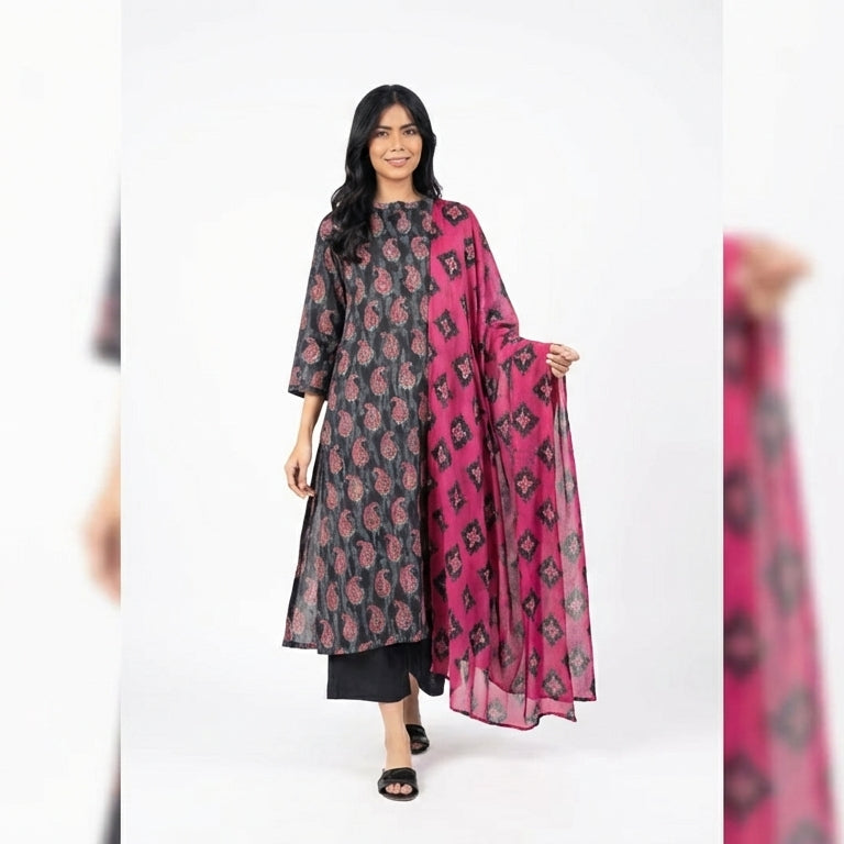 Charcoal Paisley 3-Piece Khaddar Suit with Hot Pink Contrast Shawl | Unstitched