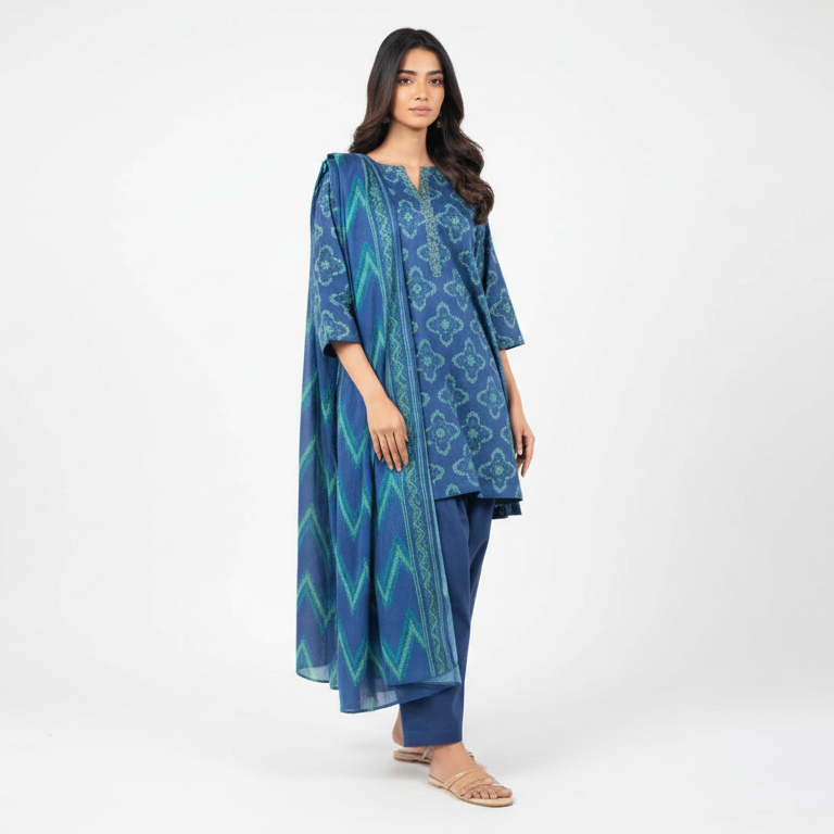 Woman wearing a blue patterned kurta with matching pants on a white background