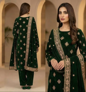 Woman in a green traditional outfit with gold embroidery, shown from multiple angles.