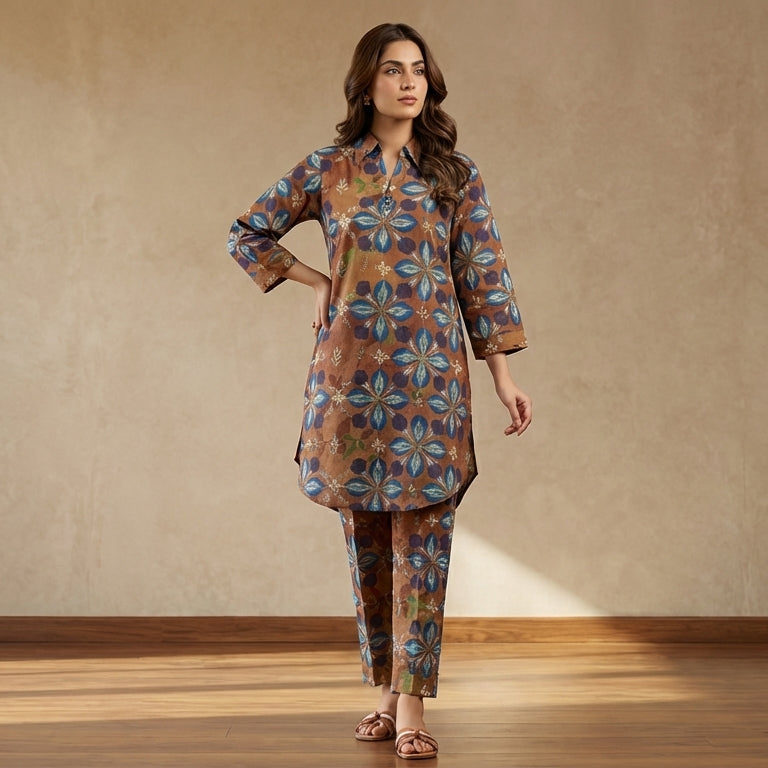 Woman wearing a patterned outfit standing in a well-lit room with wooden floor and beige wall.