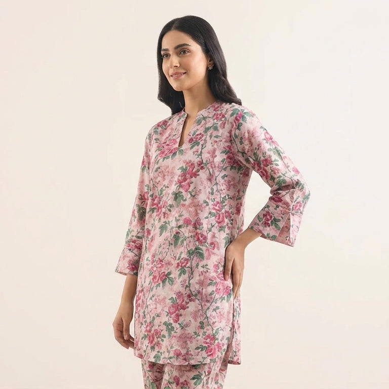 Woman wearing a floral kurta against a plain background