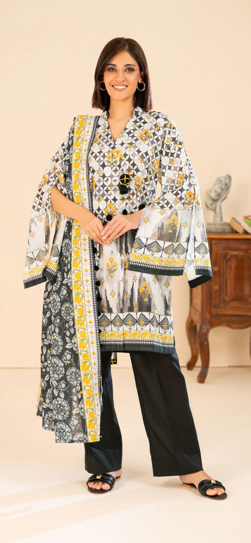 Monochrome and Mustard Printed Khaddar 3-Piece Unstitched Suit | Winter Collection