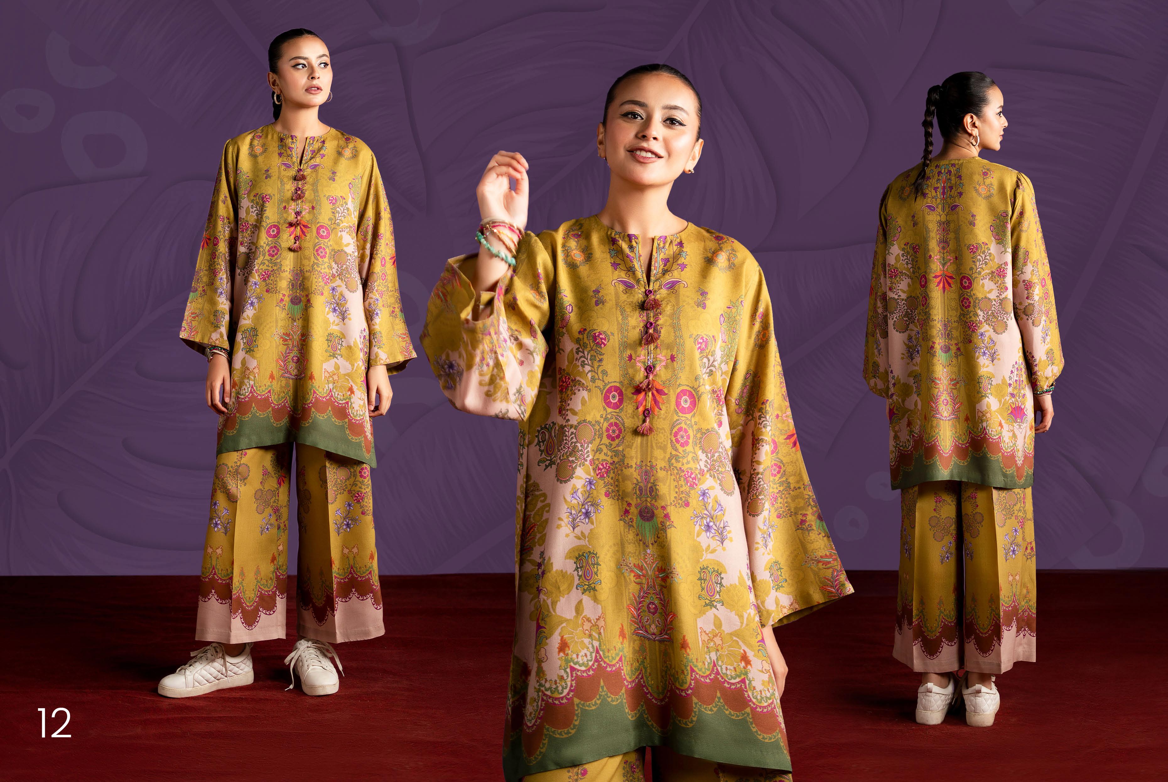 Vibrant Mustard Digital Print Linen Suit | 2-Piece Unstitched