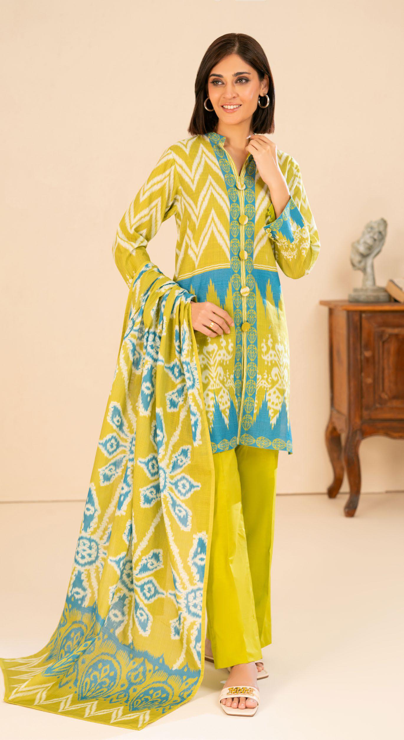 Vibrant Lime & Azure Ikat Print Khaddar 3-Piece Unstitched Suit | Winter Collection