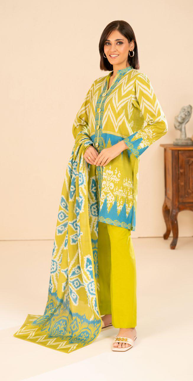 Vibrant Lime & Azure Ikat Print Khaddar 3-Piece Unstitched Suit | Winter Collection