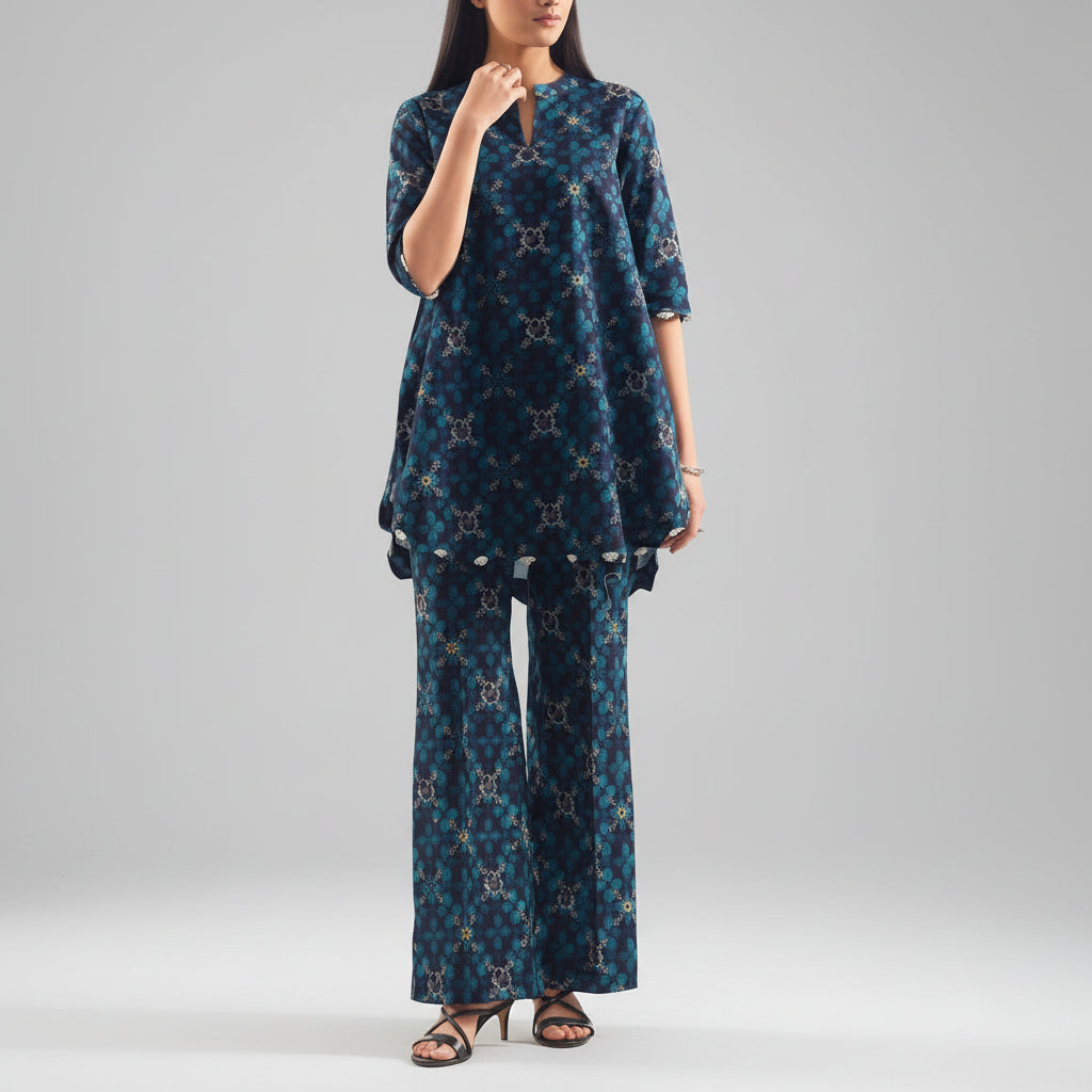 Woman wearing a blue patterned outfit with Saya branding on a white background