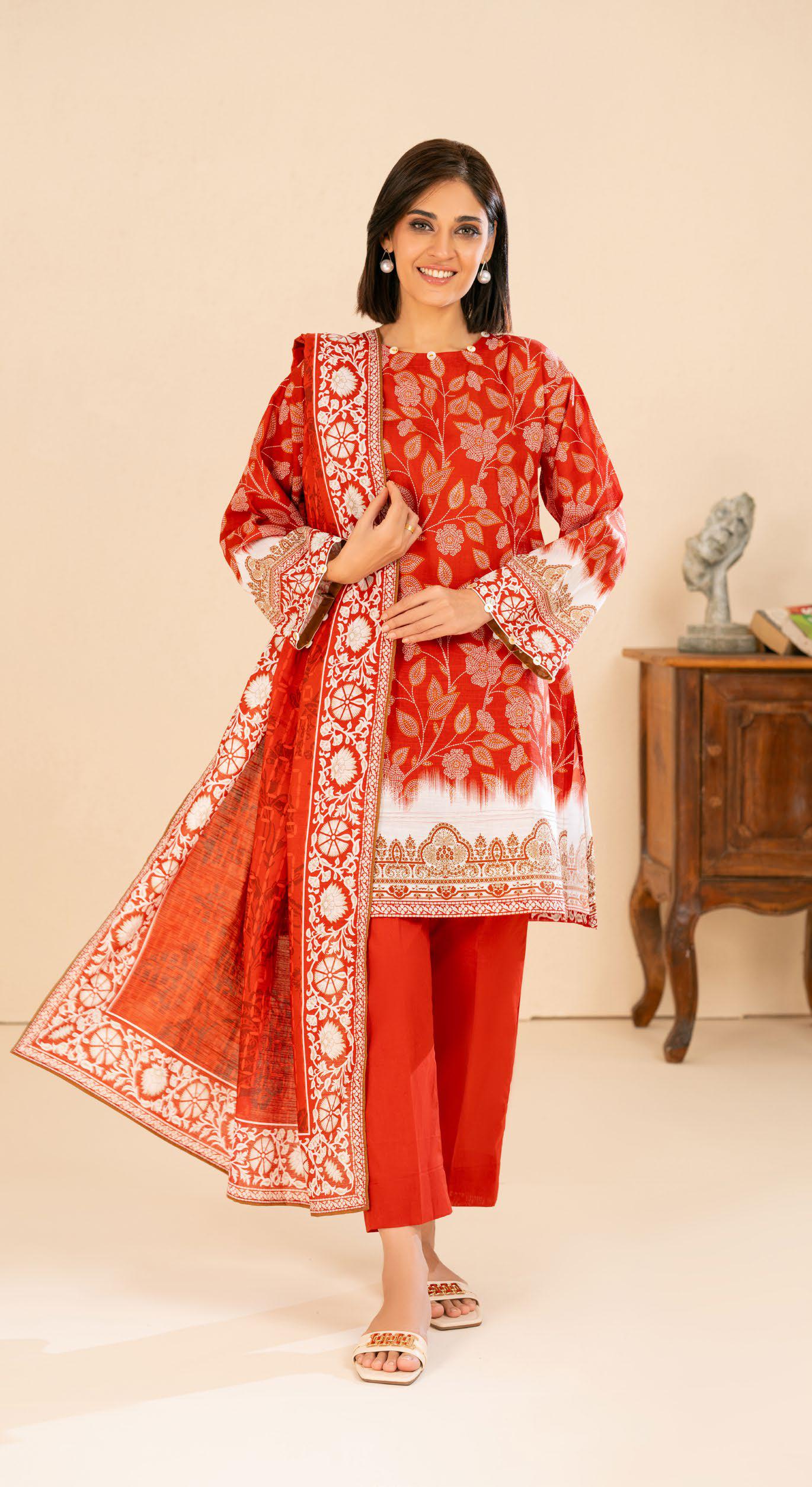 Cinnabar Red: 3-Piece Ethnic Print Khaddar Suit | Winter Collection