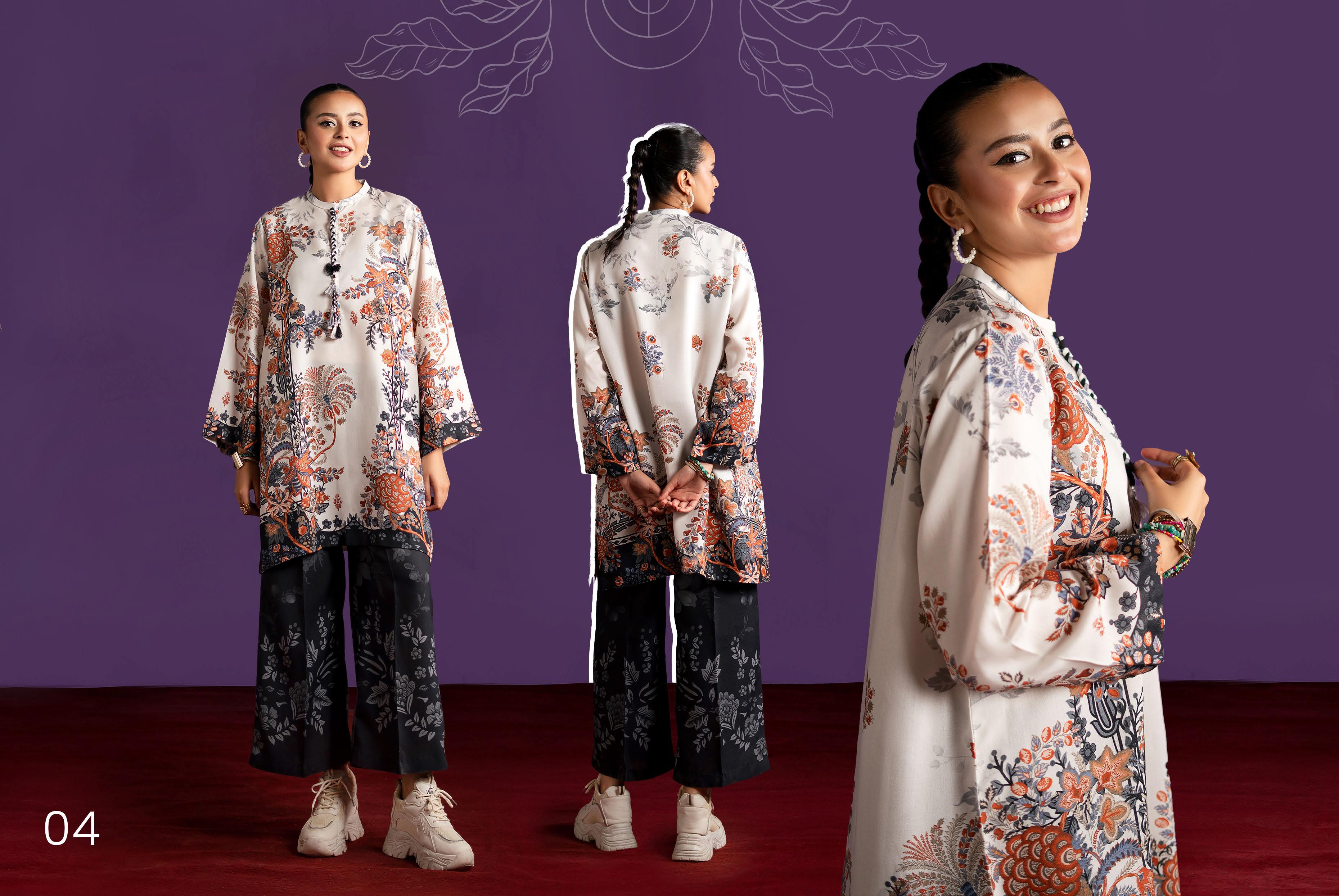 Monochrome Floral Digital Print Linen Suit | 2-Piece Unstiched