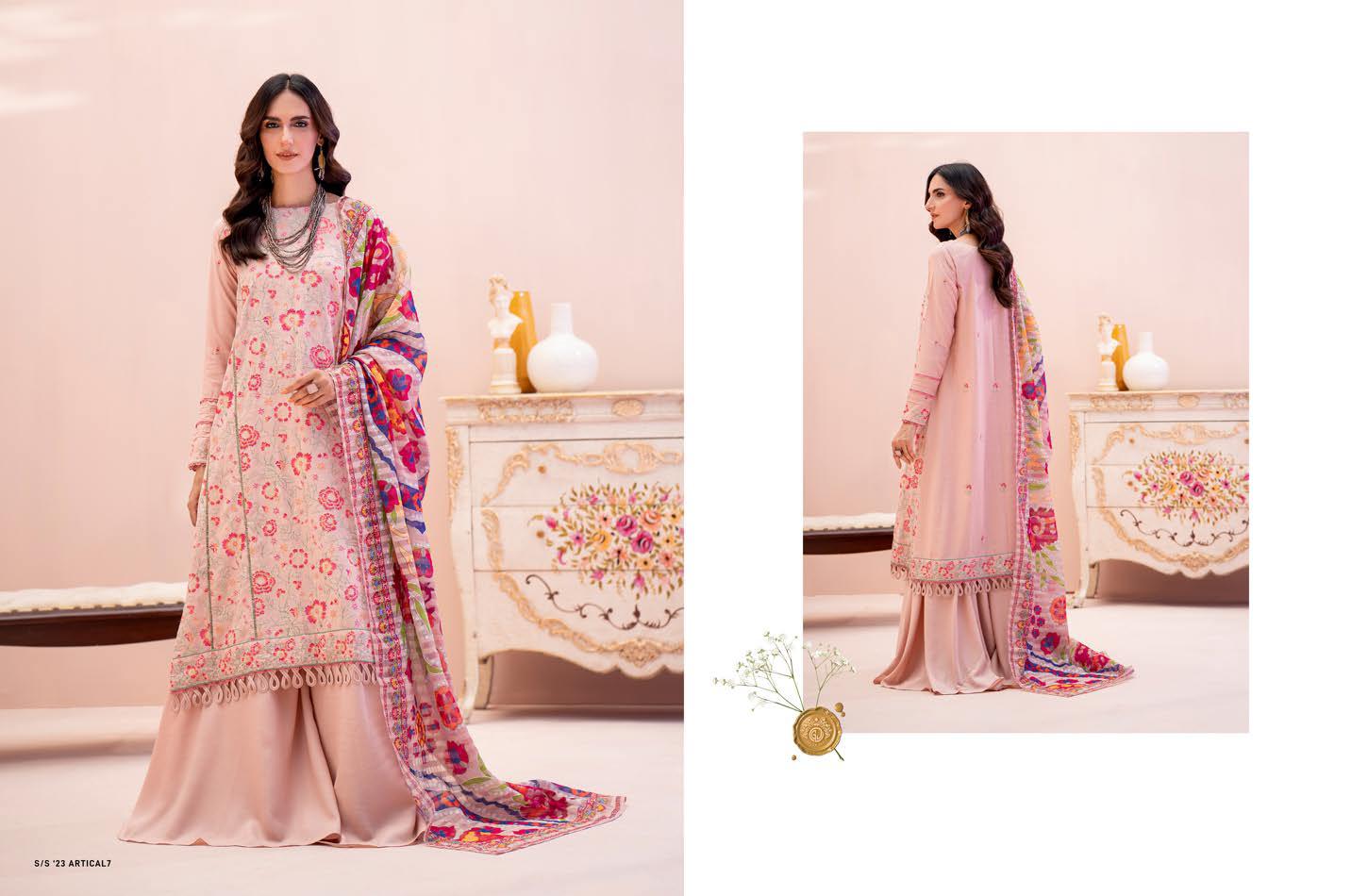"The Blush Romance" | Article A7 - Soft Pink Embroidered Karandi with Vibrant Shawl | Unstitched