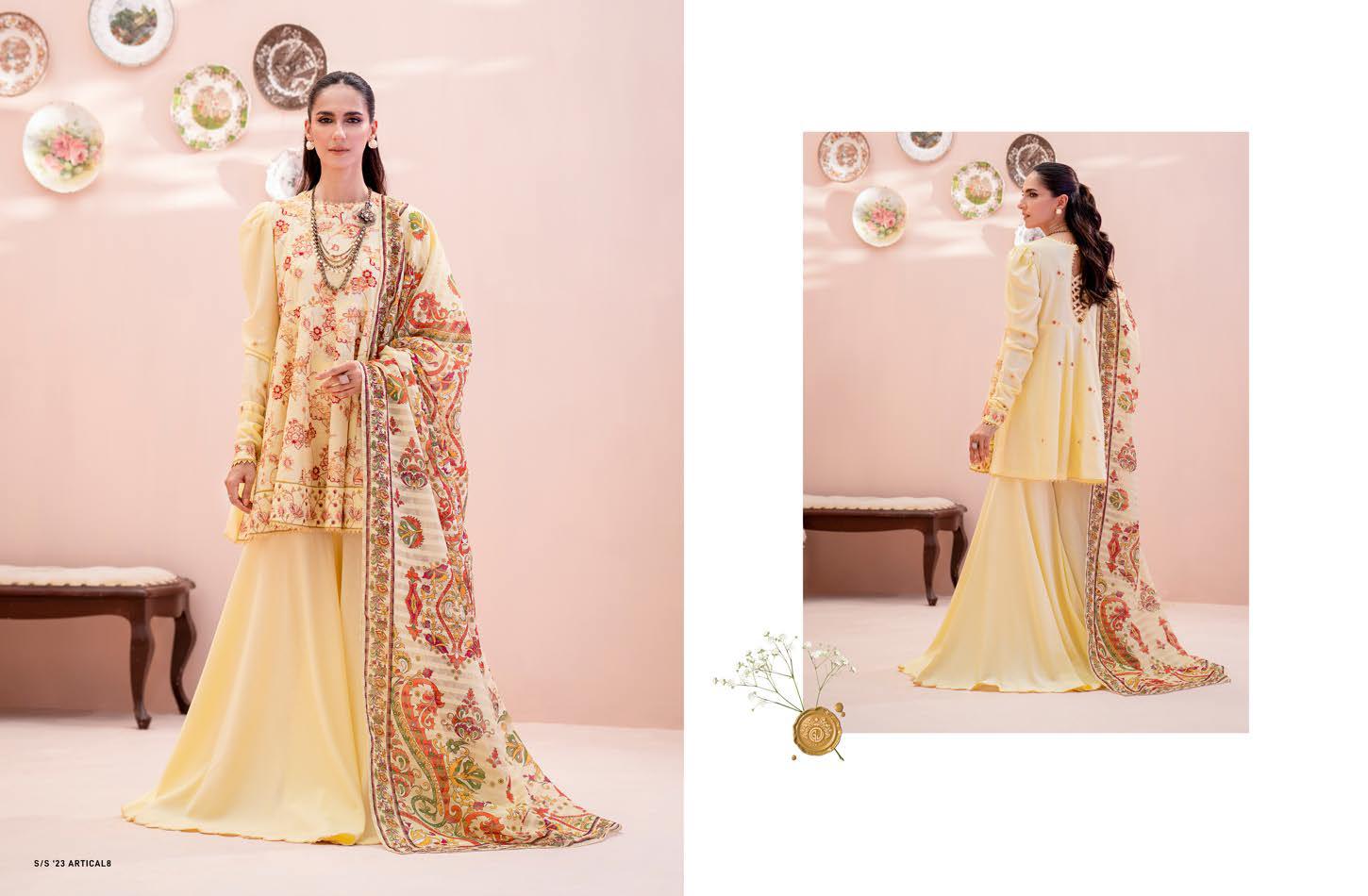 The Buttercream Glow: Premium Karandi Ensemble with Vibrant Digital Shawl | Unstitched