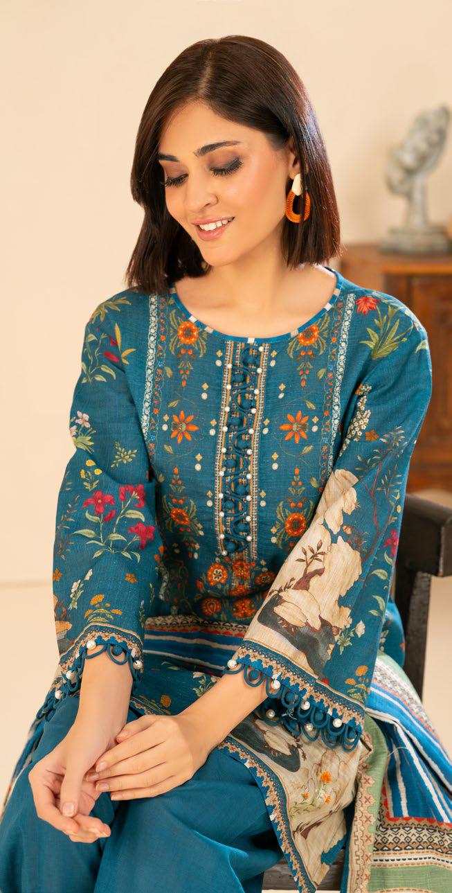Teal Meadow: 3-Piece Artistic Print Khaddar Suit | Winter Collection