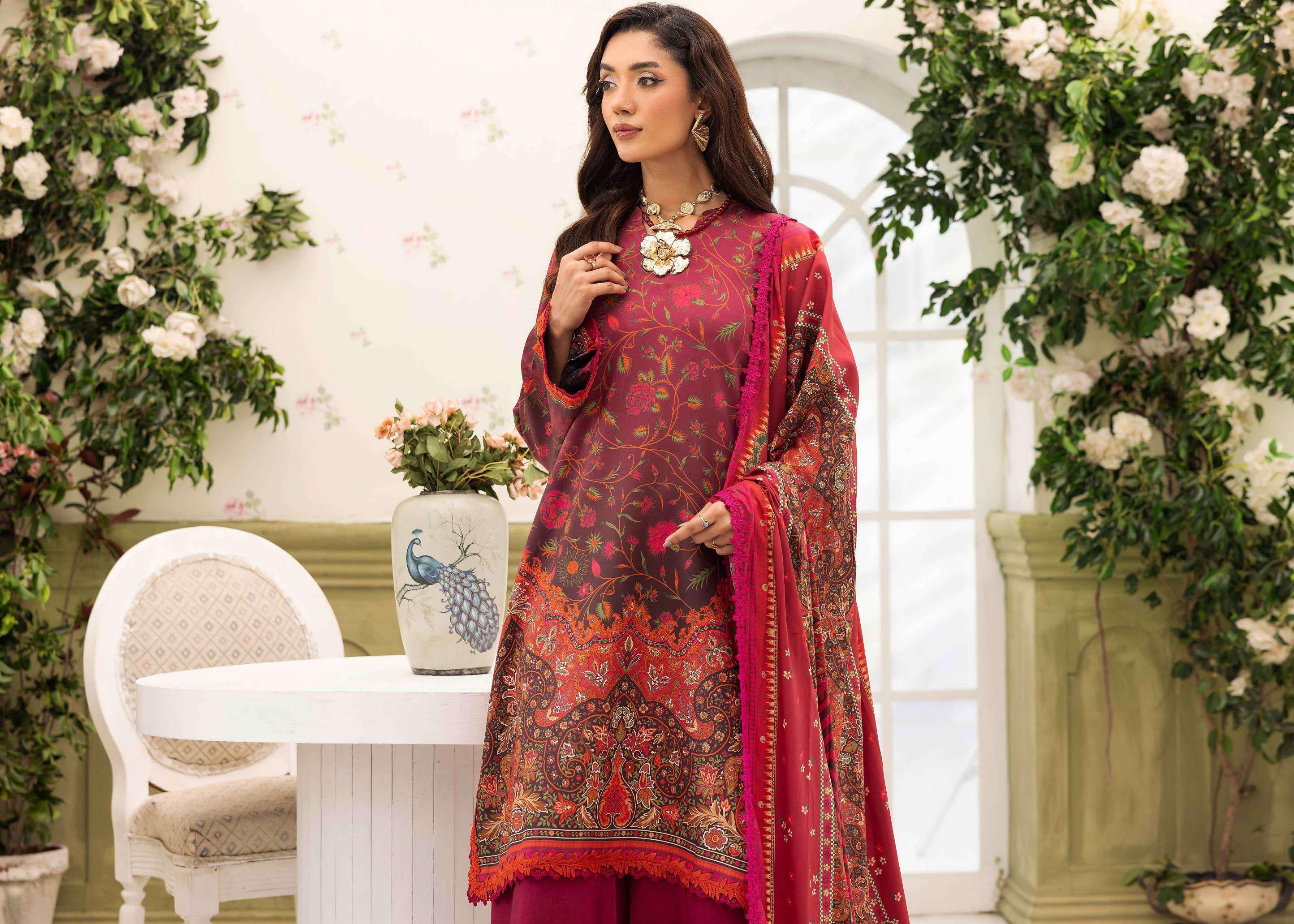 Luxury Digital Print Linen 3-Piece Suit | Vibrant Magenta & Maroon Winter Collection